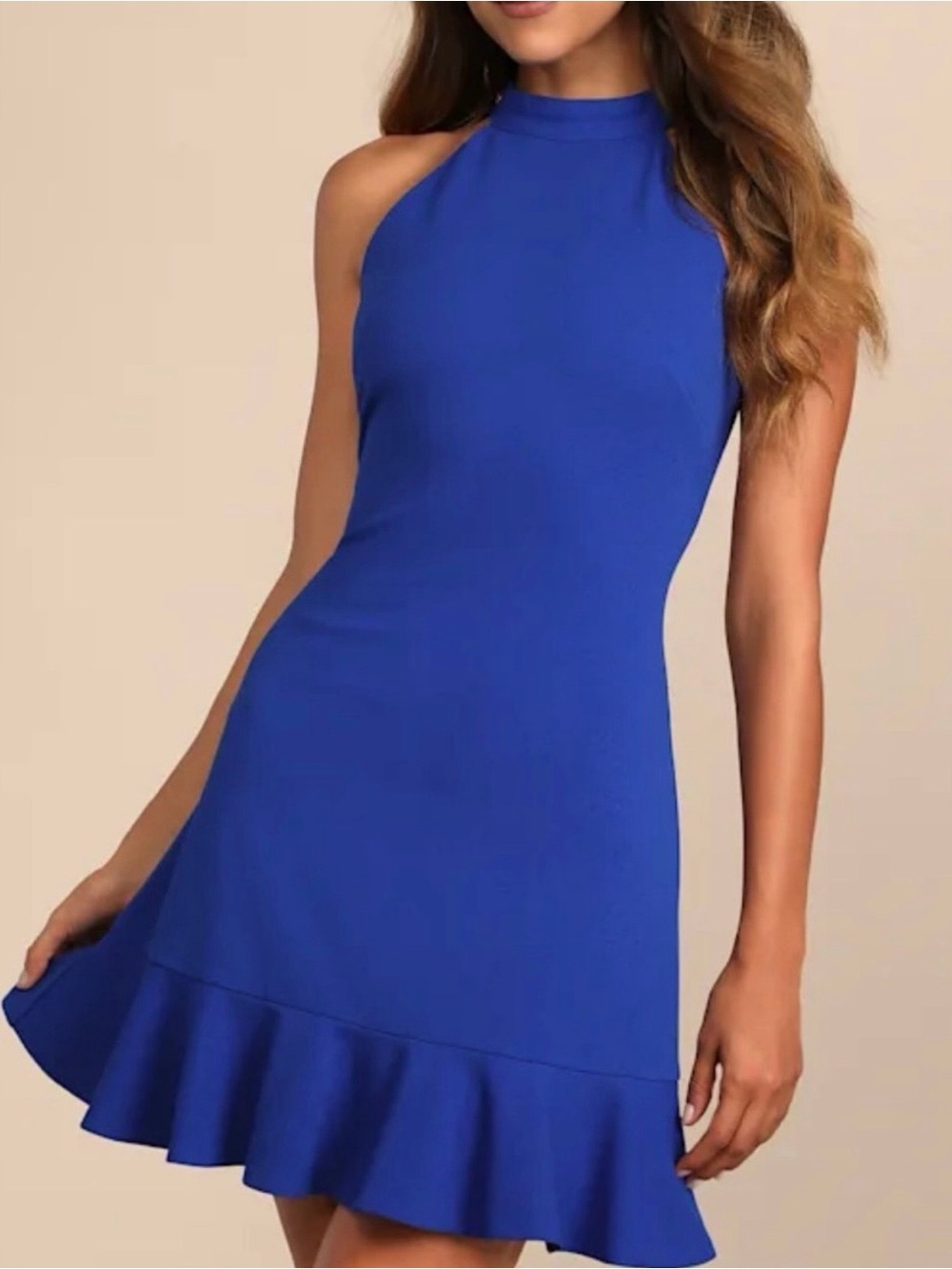 Lulu's Royal Blue Halter Ruffle-Hem Mini Dress
